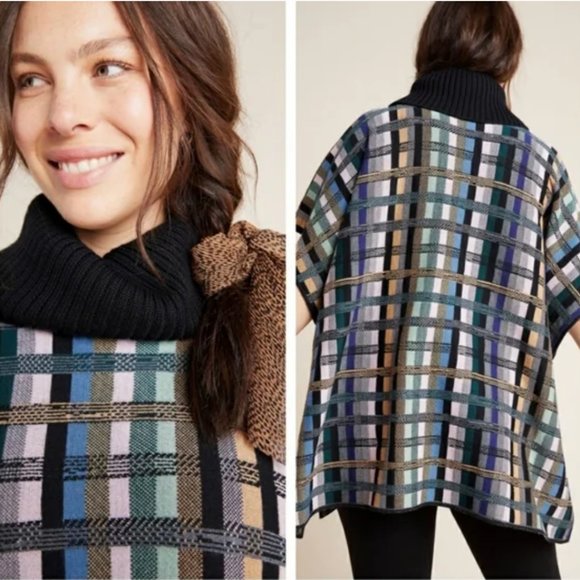 Anthropologie Aldomartins Gracie Plaid Cowl Neck Turtleneck Poncho SIZE L - Picture 7 of 16